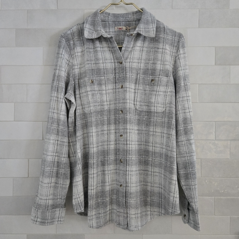 NEW Faherty Legend Sweater Shirt Button-Up Winter Clouds Plaid Gray Cream Med - Picture 2 of 13